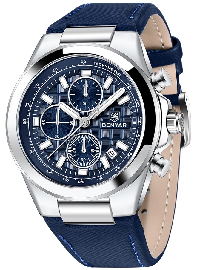 Men's Luxury Quartz Watches, 42MM Stainless Steel Waterproof Frame, Date Display, Luminous Hands, Chronograph, Silver Blue Dial, Leather Strap, Fashionable And Elegant, BY-5206