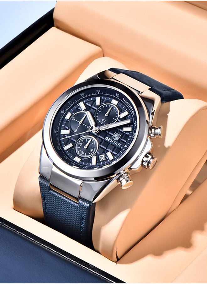 Men's Luxury Quartz Watches, 42MM Stainless Steel Waterproof Frame, Date Display, Luminous Hands, Chronograph, Silver Blue Dial, Leather Strap, Fashionable And Elegant, BY-5206