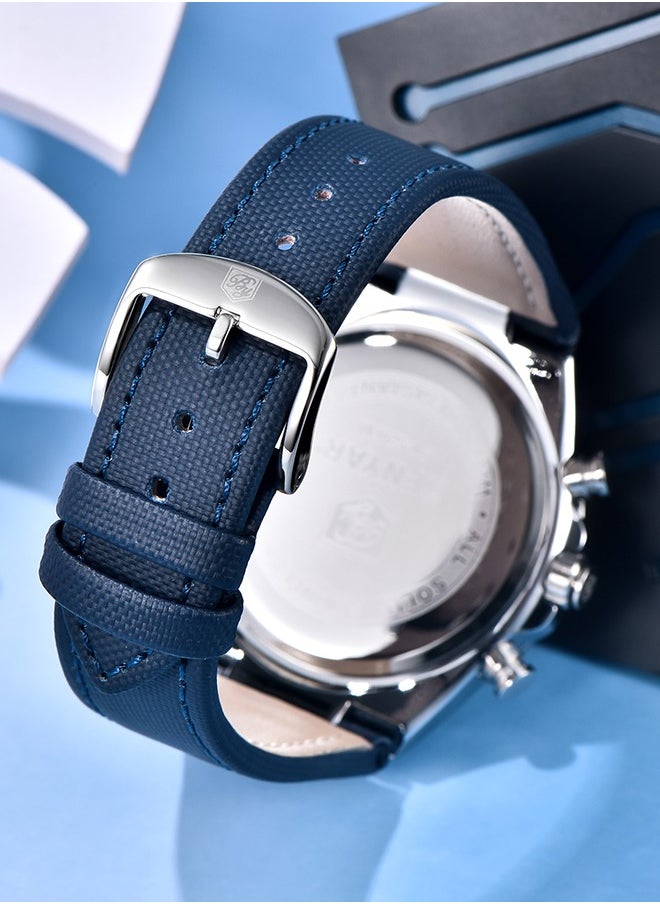 Men's Luxury Quartz Watches, 42MM Stainless Steel Waterproof Frame, Date Display, Luminous Hands, Chronograph, Silver Blue Dial, Leather Strap, Fashionable And Elegant, BY-5206
