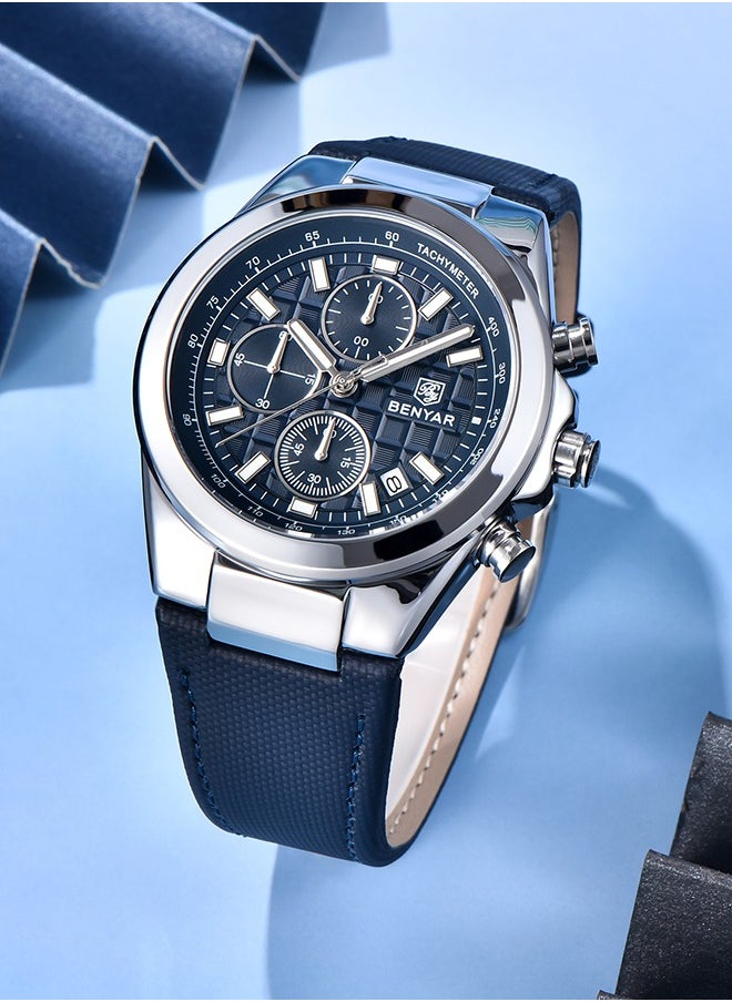 Men's Luxury Quartz Watches, 42MM Stainless Steel Waterproof Frame, Date Display, Luminous Hands, Chronograph, Silver Blue Dial, Leather Strap, Fashionable And Elegant, BY-5206