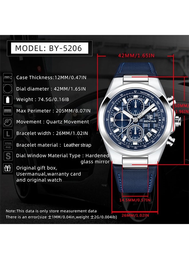 Men's Luxury Quartz Watches, 42MM Stainless Steel Waterproof Frame, Date Display, Luminous Hands, Chronograph, Silver Blue Dial, Leather Strap, Fashionable And Elegant, BY-5206