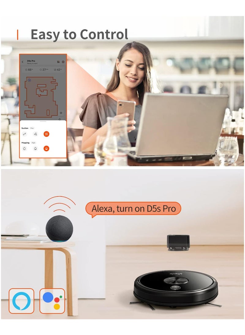 D5s Pro Robot Vacuum Cleaner, 3000Pa, Wi-Fi Connected, Mopping Function, Super-Thin, Alexa, App Control, Boundary Strips Included, Self-Charging Robotic Vacuum for Pet Hair Hard Floor Carpet