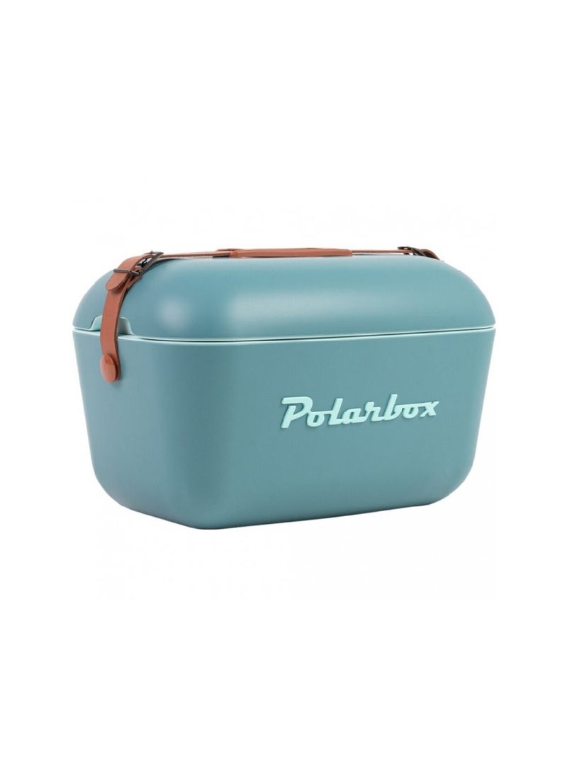 Classic Cooler Box with Leather Strap, Blue - Marine Green Rigid Thermal Insulated Ice for Beach, Picnic Party Convertible Lid Polypropylene Insulation 12L PB-9311