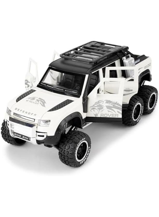 Toy Car Compatible for 1:24 Land Rover Defender Six Wheels Off Road Pickup Car Model, Pull Back Diecast Truck Collectible Truck with Sounds ＆ Lights for Kids Boys Girls and Adults, Gift (White)