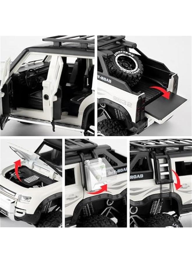 Toy Car Compatible for 1:24 Land Rover Defender Six Wheels Off Road Pickup Car Model, Pull Back Diecast Truck Collectible Truck with Sounds ＆ Lights for Kids Boys Girls and Adults, Gift (White)