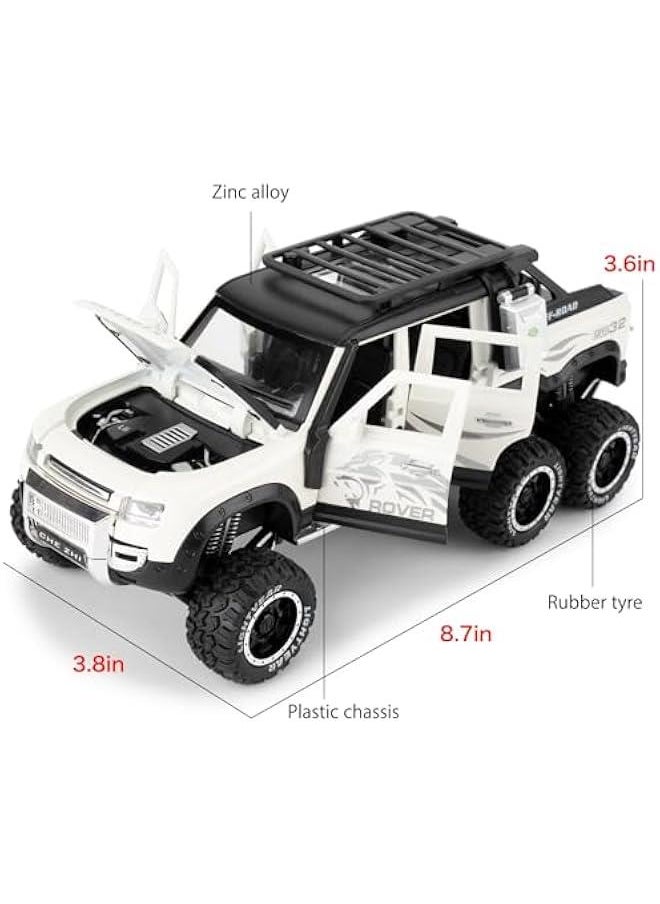 Toy Car Compatible for 1:24 Land Rover Defender Six Wheels Off Road Pickup Car Model, Pull Back Diecast Truck Collectible Truck with Sounds ＆ Lights for Kids Boys Girls and Adults, Gift (White)