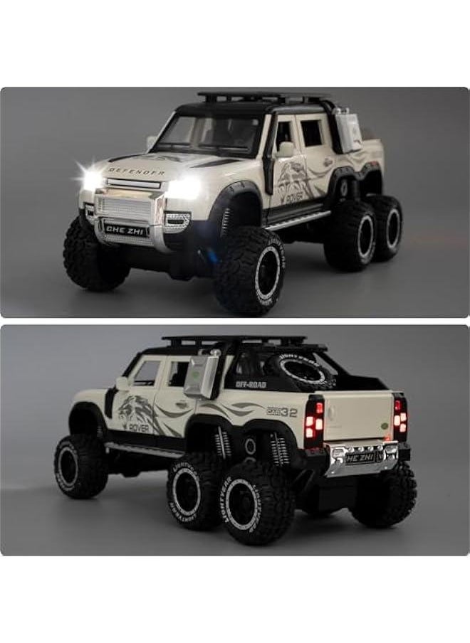 Toy Car Compatible for 1:24 Land Rover Defender Six Wheels Off Road Pickup Car Model, Pull Back Diecast Truck Collectible Truck with Sounds ＆ Lights for Kids Boys Girls and Adults, Gift (White)