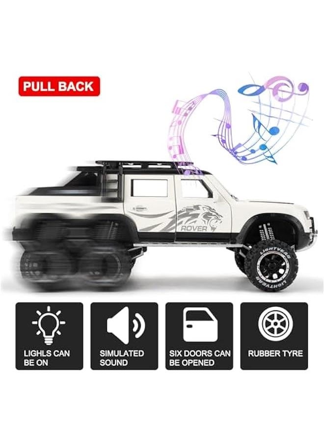 Toy Car Compatible for 1:24 Land Rover Defender Six Wheels Off Road Pickup Car Model, Pull Back Diecast Truck Collectible Truck with Sounds ＆ Lights for Kids Boys Girls and Adults, Gift (White)