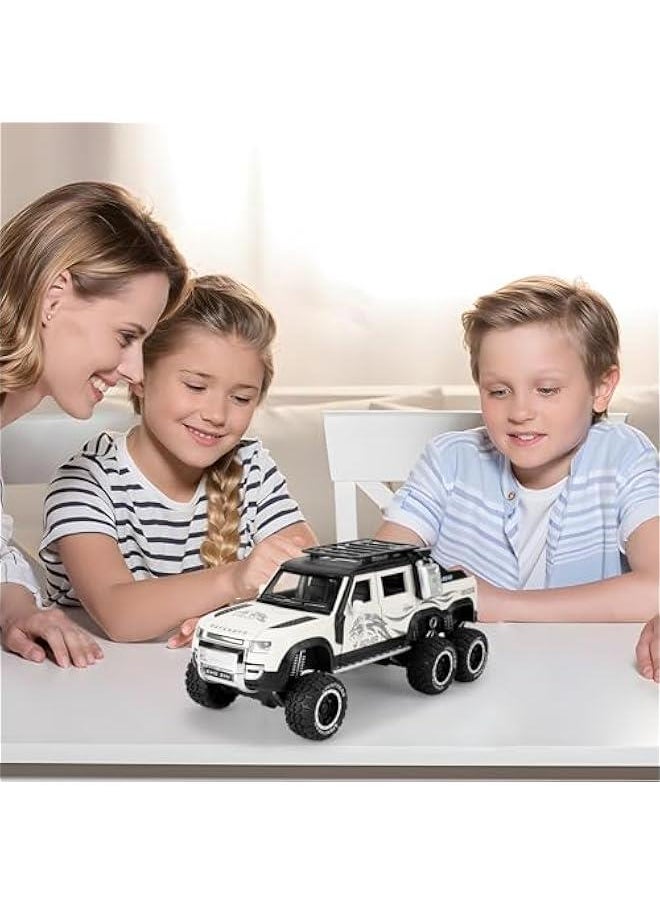 Toy Car Compatible for 1:24 Land Rover Defender Six Wheels Off Road Pickup Car Model, Pull Back Diecast Truck Collectible Truck with Sounds ＆ Lights for Kids Boys Girls and Adults, Gift (White)