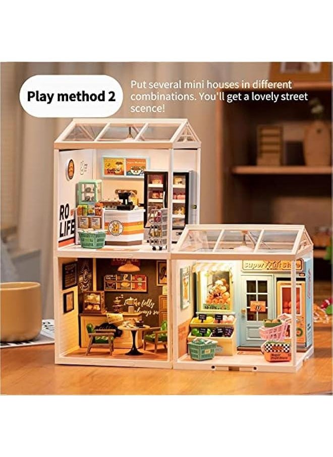 Plastic House Building Set Toy DIY Miniature Dollhouse Playset with LED for Mini Figures Construction Toys Diorama Kit Gifts for Teens Adults