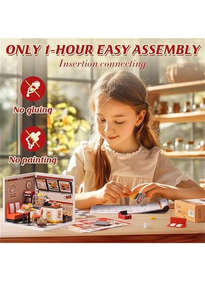 DIY Miniature Plastic House Building Set Toys Playset with LED Suitable for Mini Figures Construction Toys Diorama Kit Gifts for Teens Adults (Yum Yum Burgers)