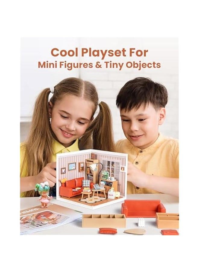 DIY Miniature Plastic House Building Set Toys Playset with LED Suitable for Mini Figures Construction Toys Diorama Kit Gifts for Teens Adults (Cozy Living Lounge)