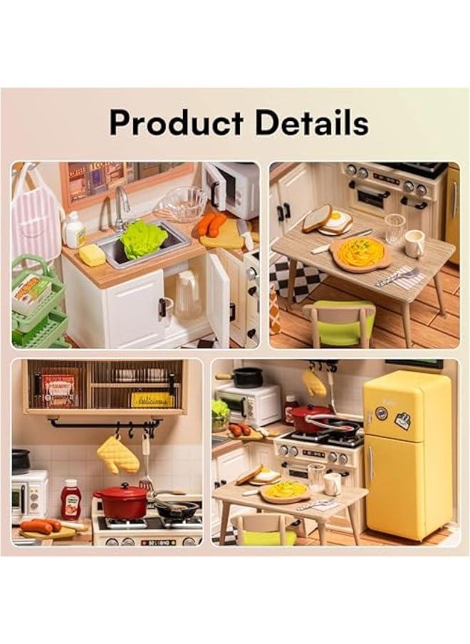 DIY Miniature Plastic House Building Set Toys Playset with LED Suitable for Mini Figures Construction Toys Diorama Kit Gifts for Teens Adults (Happy Meals Kitchen)