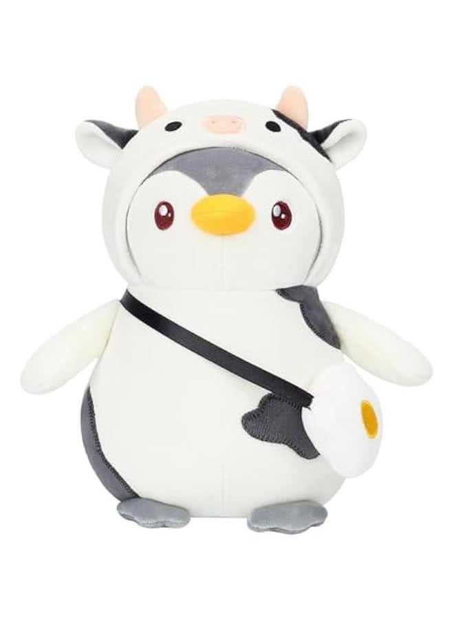 Cute Plush Penguin Stuffed Animal Pillow, 9.8 Soft Kawaii Penguin Plushies with Cow Outfit Gifts for Kids