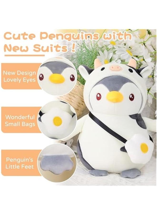 Cute Plush Penguin Stuffed Animal Pillow, 9.8 Soft Kawaii Penguin Plushies with Cow Outfit Gifts for Kids