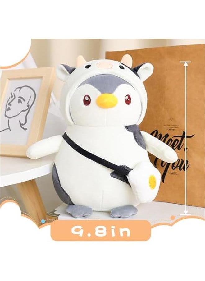 Cute Plush Penguin Stuffed Animal Pillow, 9.8 Soft Kawaii Penguin Plushies with Cow Outfit Gifts for Kids