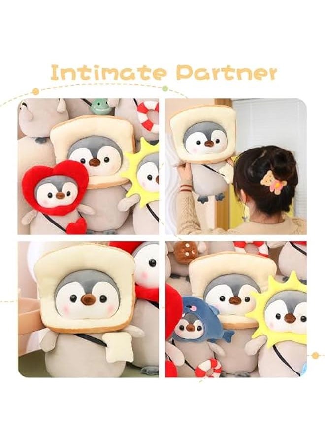 Cute Plush Penguin Stuffed Animal Pillow, 9.8 Soft Kawaii Penguin Plushies with Costume Toast Outfit Gifts for Kids