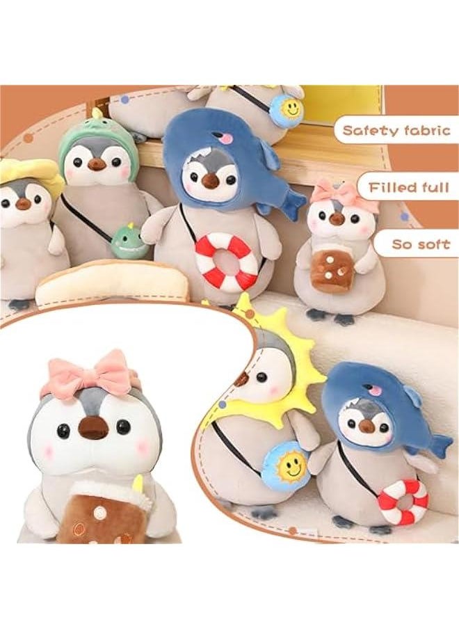 Cute Plush Penguin Stuffed Animal Pillow, 9.8 Soft Kawaii Penguin Plushies with Boba Bubble Tea Outfit Gifts for Kids