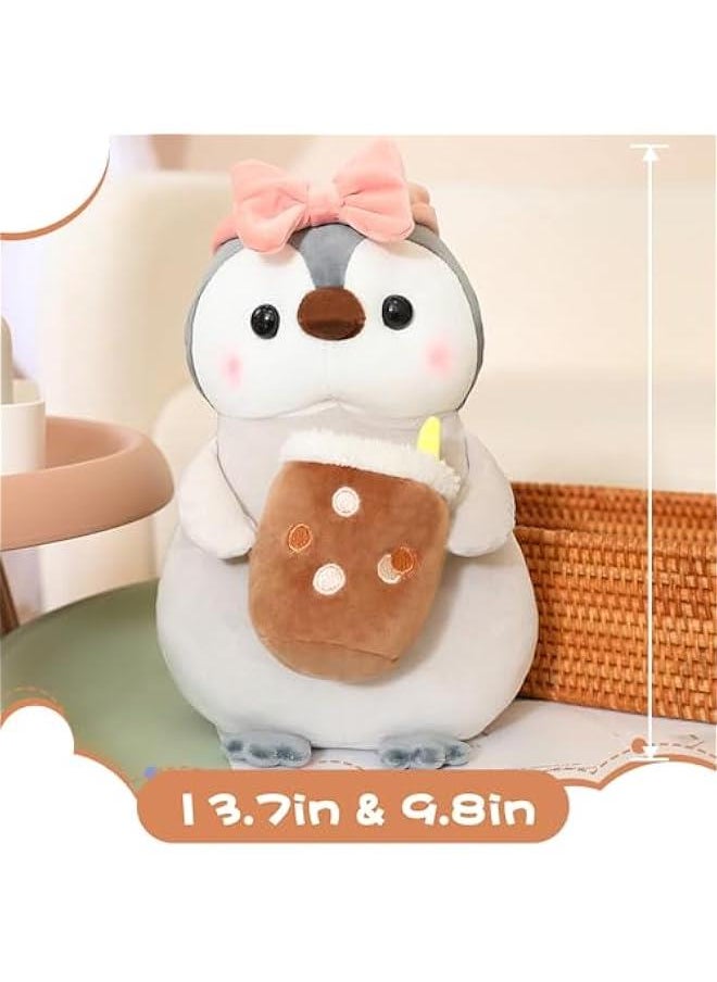 Cute Plush Penguin Stuffed Animal Pillow, 9.8 Soft Kawaii Penguin Plushies with Boba Bubble Tea Outfit Gifts for Kids