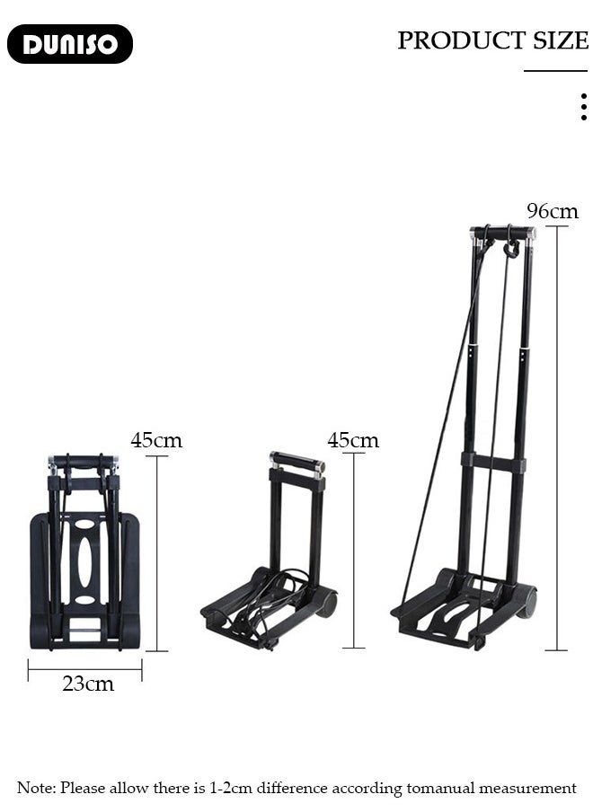 Folding Hand Truck, Lightweight Luggage Cart with Extendable Handle, Utility Dolly Platform Cart with 2 Wheels and Elastic Ropes, Roller Shopping, Portable Trolley for Luggage, Travel, Moving, Shopping, Office Use