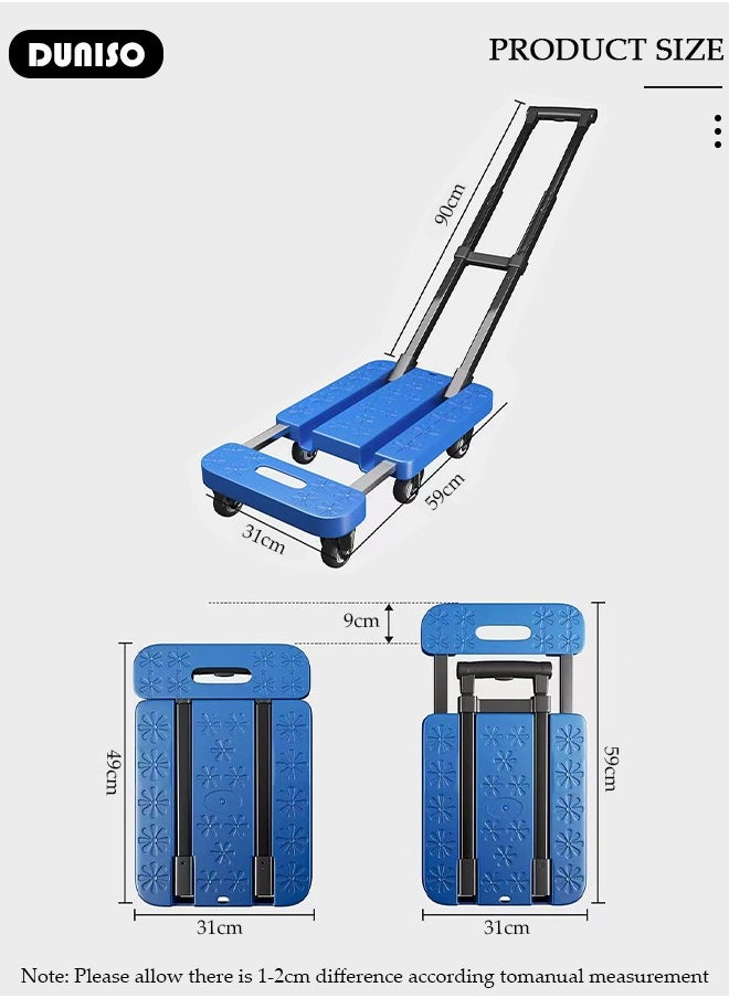 Folding Hand Truck, Heavy Duty Luggage Cart with Extendable Handle, Utility Dolly Platform Cart with 6 Removable Wheels and Elastic Ropes, Portable Trolley for Luggage, Travel, Moving, Shopping, Office Use