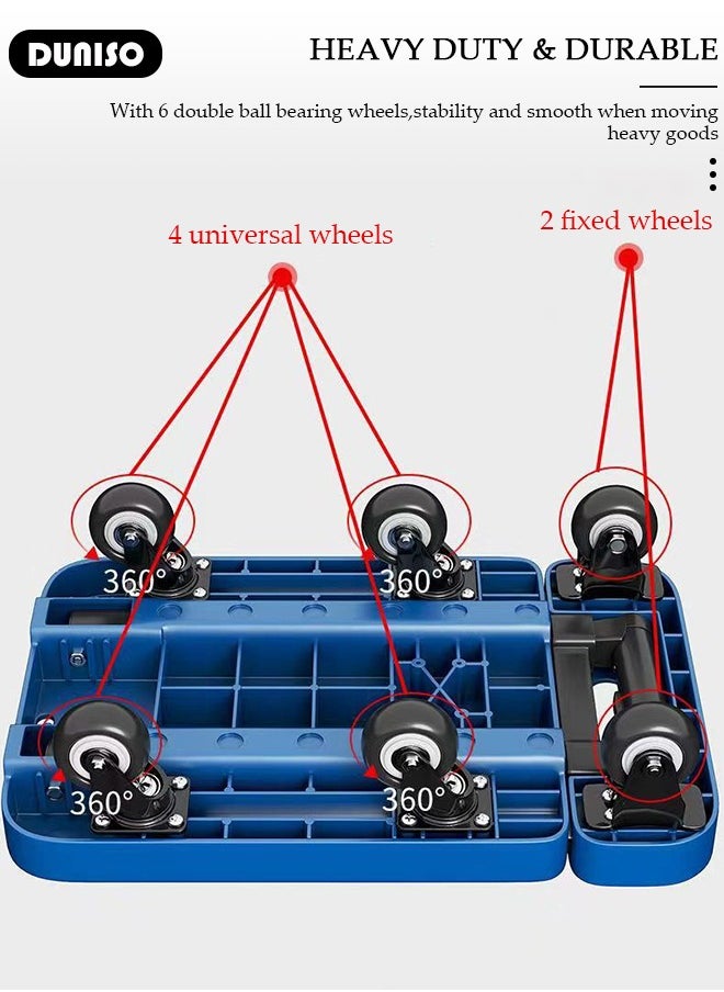 Folding Hand Truck, Heavy Duty Luggage Cart with Extendable Handle, Utility Dolly Platform Cart with 6 Removable Wheels and Elastic Ropes, Portable Trolley for Luggage, Travel, Moving, Shopping, Office Use