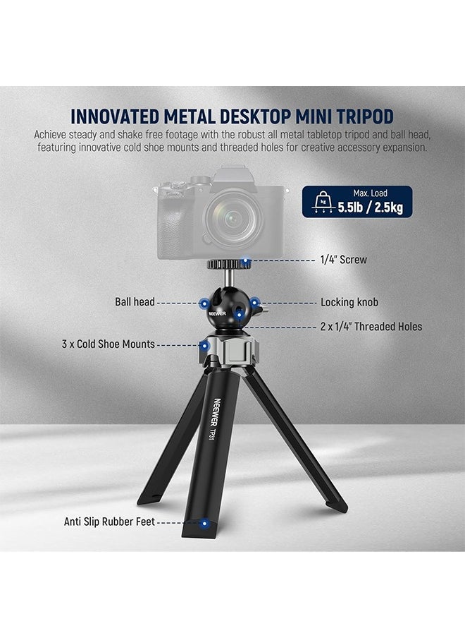 NEEWER Mini Desk Tripod for iPhone with Ball Head 360° Rotatable 3 Cold Shoe Mounts, Metal Portable Table Tripod for Travel Vlogging Recording Compatible with Gopro DJI Phone DSLR Camera, TP31