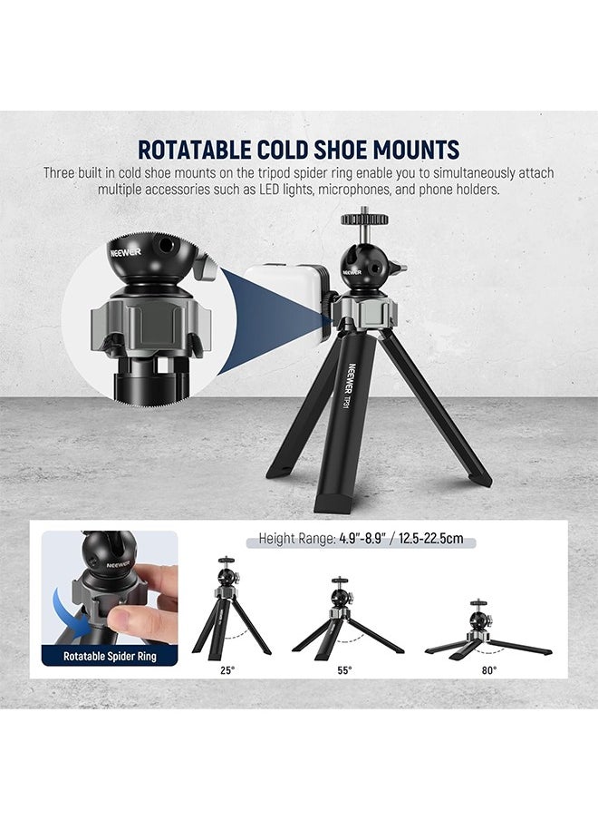 NEEWER Mini Desk Tripod for iPhone with Ball Head 360° Rotatable 3 Cold Shoe Mounts, Metal Portable Table Tripod for Travel Vlogging Recording Compatible with Gopro DJI Phone DSLR Camera, TP31