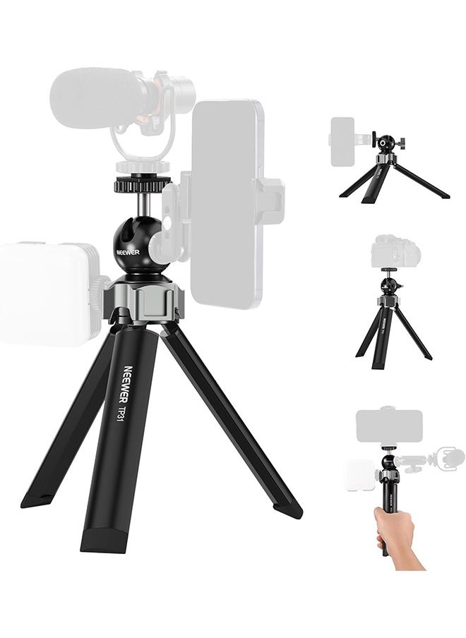 NEEWER Mini Desk Tripod for iPhone with Ball Head 360° Rotatable 3 Cold Shoe Mounts, Metal Portable Table Tripod for Travel Vlogging Recording Compatible with Gopro DJI Phone DSLR Camera, TP31