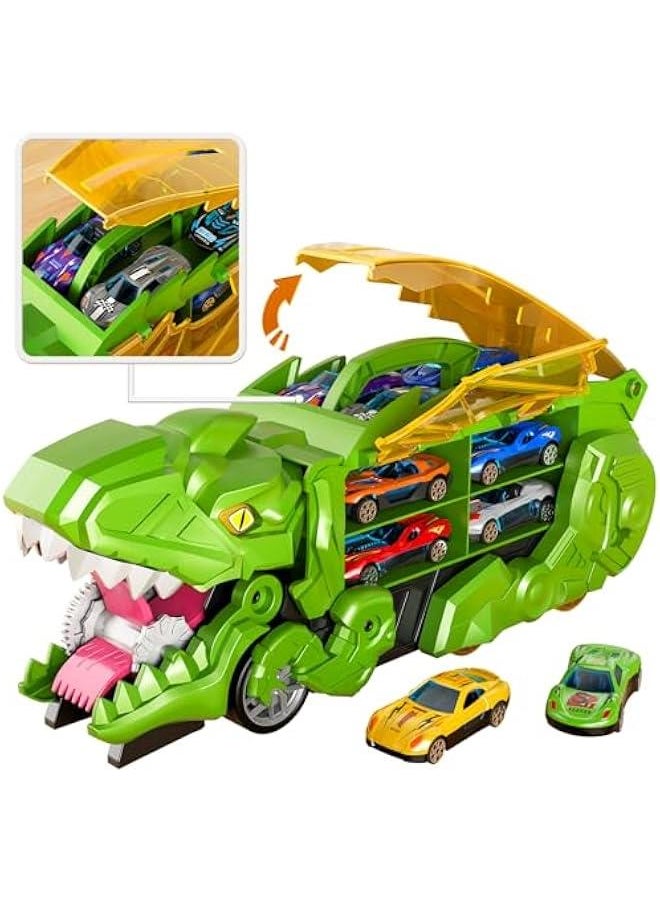 iHaHa Toddler Truck Toys for 3 4 5 6 Years Old Boys, Toys Cars Track Set Dinosaur Transporter Truck with 10 Die-Cast Car Toys, Transforms into Dino, Toddler Car Toys Set for Kids Boys Girls