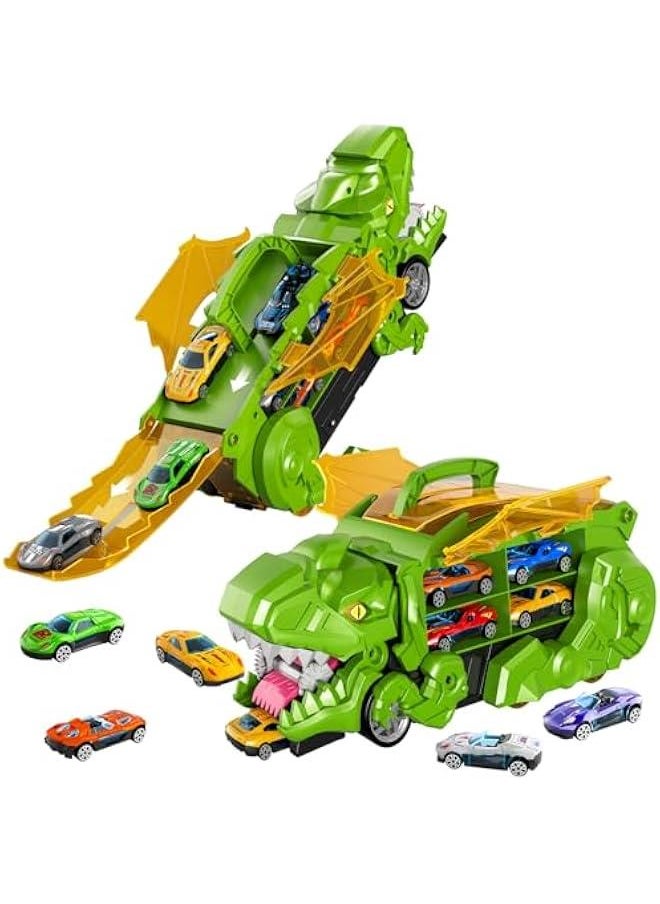 iHaHa Toddler Truck Toys for 3 4 5 6 Years Old Boys, Toys Cars Track Set Dinosaur Transporter Truck with 10 Die-Cast Car Toys, Transforms into Dino, Toddler Car Toys Set for Kids Boys Girls