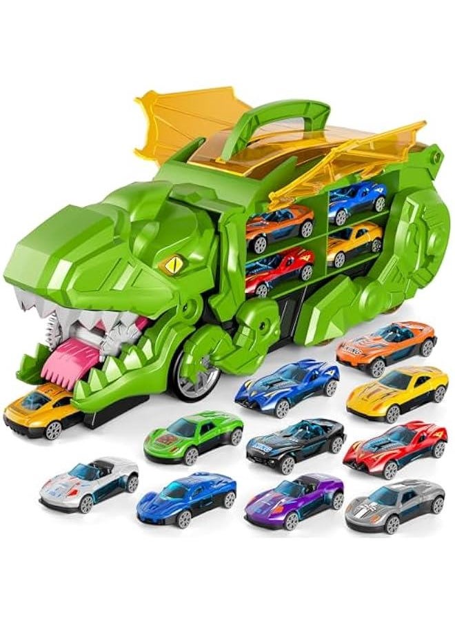 iHaHa Toddler Truck Toys for 3 4 5 6 Years Old Boys, Toys Cars Track Set Dinosaur Transporter Truck with 10 Die-Cast Car Toys, Transforms into Dino, Toddler Car Toys Set for Kids Boys Girls