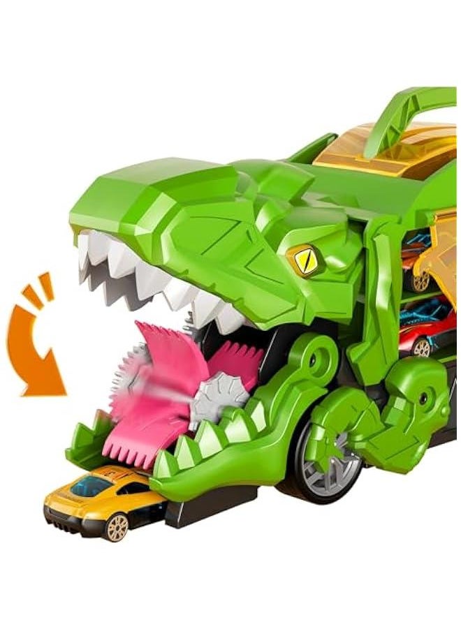 iHaHa Toddler Truck Toys for 3 4 5 6 Years Old Boys, Toys Cars Track Set Dinosaur Transporter Truck with 10 Die-Cast Car Toys, Transforms into Dino, Toddler Car Toys Set for Kids Boys Girls