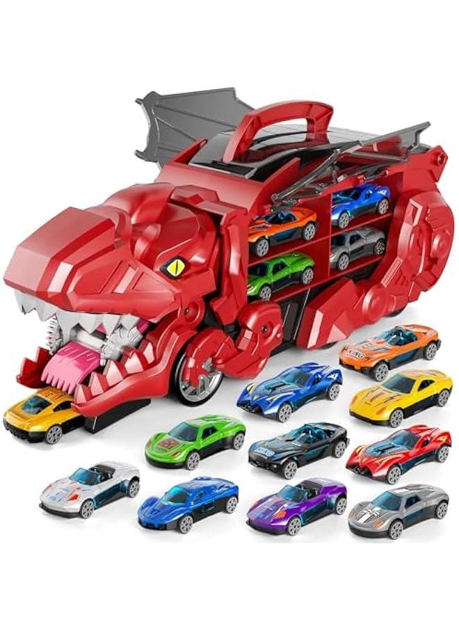 iHaHa Toddler Truck Toys for 3 4 5 6 Years Old Boys, Toys Cars Track Set Dinosaur Transporter Truck with 10 Die-Cast Car Toys, Transforms into Dino, Toddler Car Toys Set for Kids Boys Girls