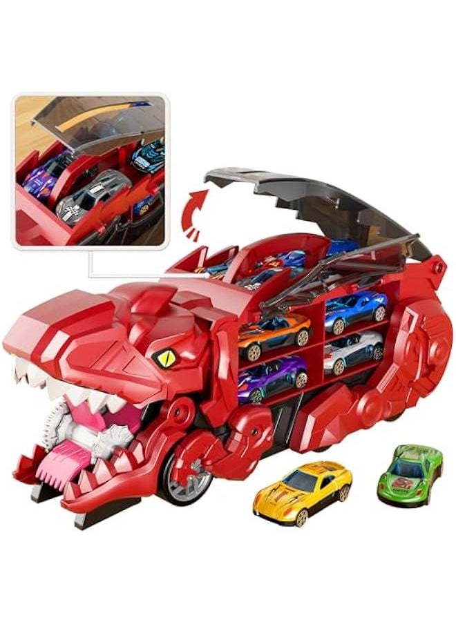 iHaHa Toddler Truck Toys for 3 4 5 6 Years Old Boys, Toys Cars Track Set Dinosaur Transporter Truck with 10 Die-Cast Car Toys, Transforms into Dino, Toddler Car Toys Set for Kids Boys Girls