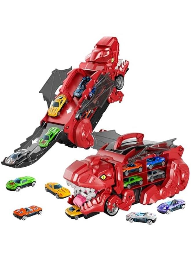 iHaHa Toddler Truck Toys for 3 4 5 6 Years Old Boys, Toys Cars Track Set Dinosaur Transporter Truck with 10 Die-Cast Car Toys, Transforms into Dino, Toddler Car Toys Set for Kids Boys Girls