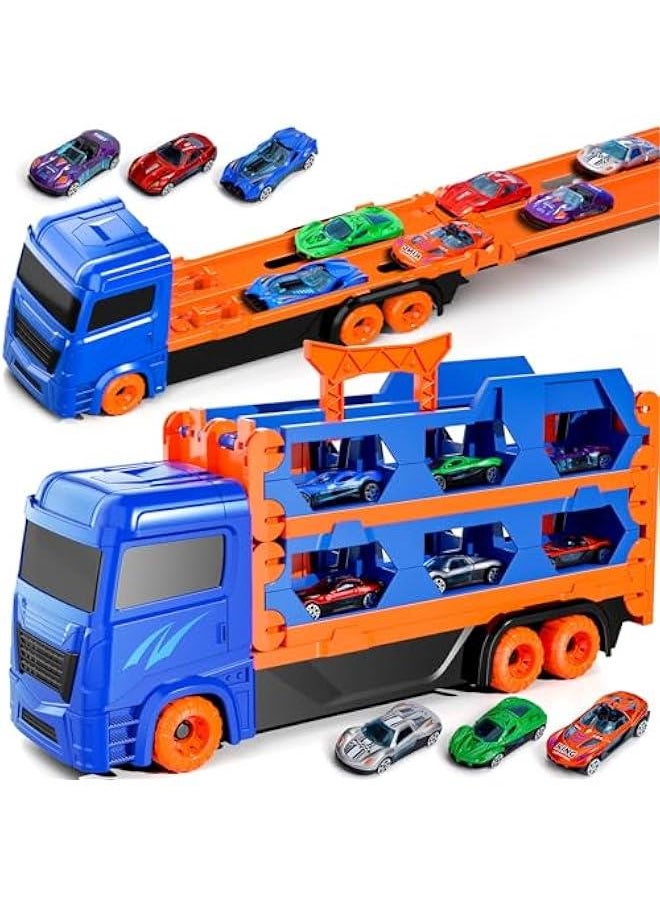 iHaHa Toddler Toys for 3 4 5 6 Years Old Boys, Die-Cast Transport Truck Car Toys 64 -Inch Race Track for Boys Kids, Toddler Car Toys Track Set for Kids Boys Girls