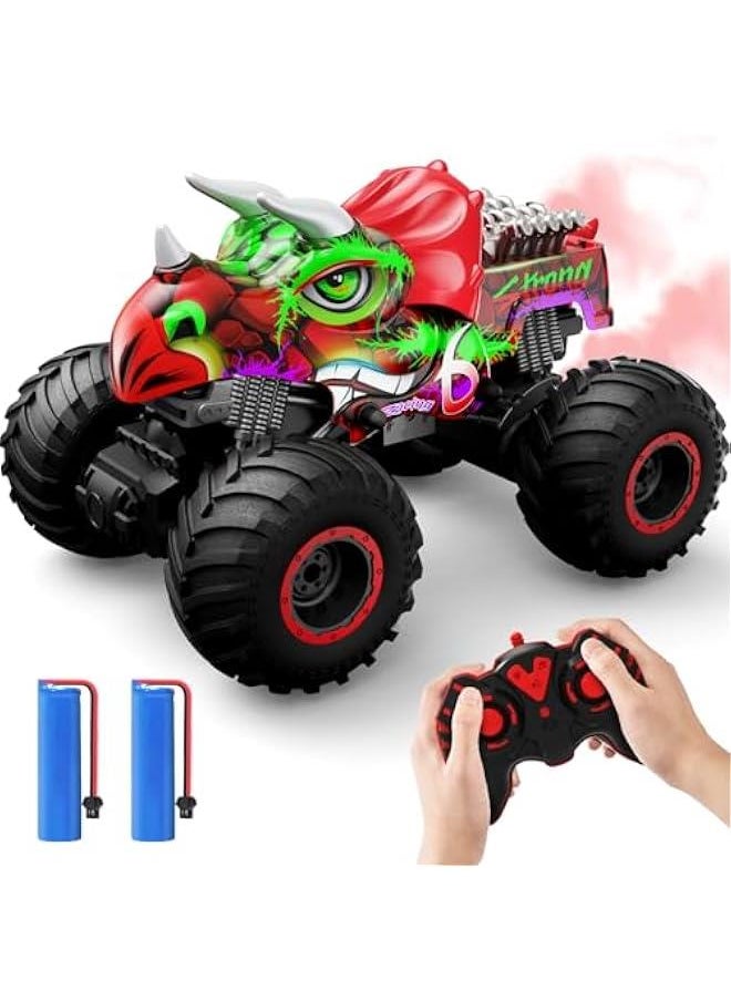 Remote Control Dinosaur Monster Truck for Boys and Kids, All Terrain Off-Road RC Car with Spary Sound and Light