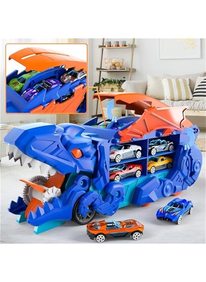 iHaHa Toddler Truck Toys for 3 4 5 6 Years Old Boys, Toys Cars Track Set Dinosaur Transporter Truck with 10 Die-Cast Car Toys, Transforms into Dino, Toddler Car Toys Set for Kids Boys Girls