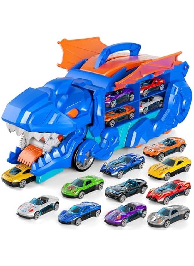 iHaHa Toddler Truck Toys for 3 4 5 6 Years Old Boys, Toys Cars Track Set Dinosaur Transporter Truck with 10 Die-Cast Car Toys, Transforms into Dino, Toddler Car Toys Set for Kids Boys Girls