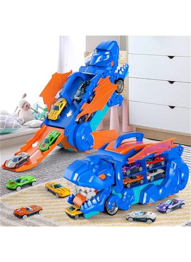 iHaHa Toddler Truck Toys for 3 4 5 6 Years Old Boys, Toys Cars Track Set Dinosaur Transporter Truck with 10 Die-Cast Car Toys, Transforms into Dino, Toddler Car Toys Set for Kids Boys Girls