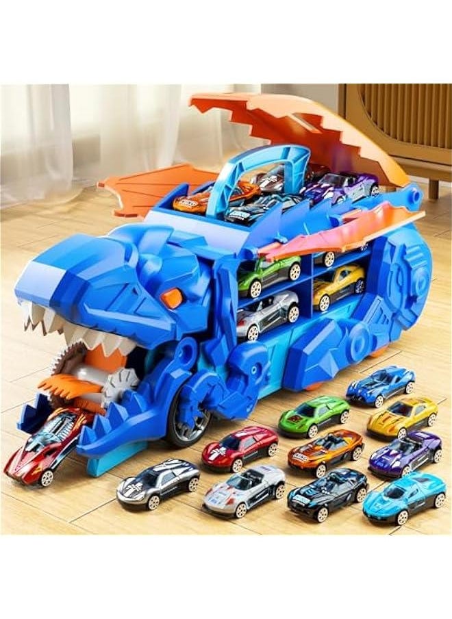 iHaHa Toddler Truck Toys for 3 4 5 6 Years Old Boys, Toys Cars Track Set Dinosaur Transporter Truck with 10 Die-Cast Car Toys, Transforms into Dino, Toddler Car Toys Set for Kids Boys Girls