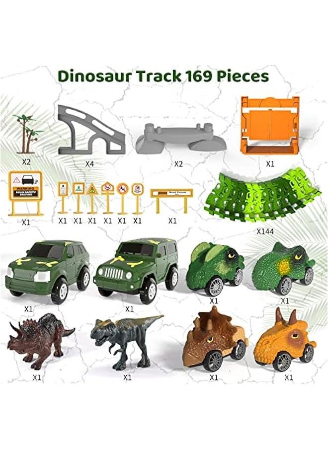 iHaHa 169 PCS Dinosaur Race Car Track Toys for Kids Toddler Boys Ages 1-3 3-5 4-7, Dinosaur Race Tracks Toys with Light, Sound & Spray, Birthday Dinosaur Toys Gifts for 2 3 4 5 Year Old Boys