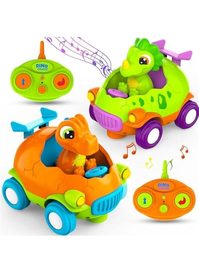 Two Dinosaur RC Car for Toddler, Dino Remote Control Car with Music and Light, Birthday Gift for 3 4 5 Year Old Boys & Girls