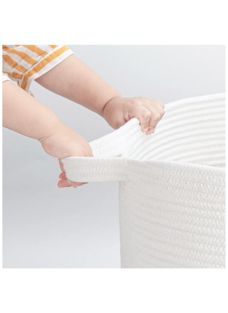 Extra Large Decorative Woven Cotton Rope Basket, Laundry Basket, Blanket Basket, Baby and Dog Toy Storage Baskets Bin, Kid Laundry Hamper, Towel Basket, Light Brown (55cm*35cm Gray+White)