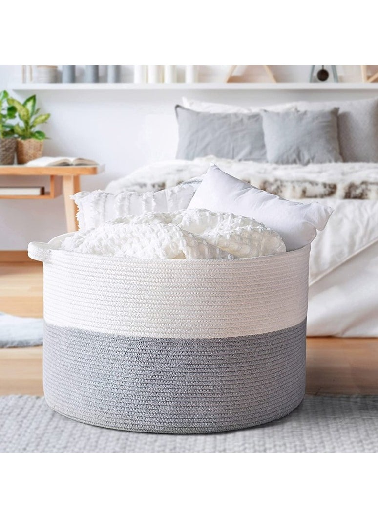 Extra Large Decorative Woven Cotton Rope Basket, Laundry Basket, Blanket Basket, Baby and Dog Toy Storage Baskets Bin, Kid Laundry Hamper, Towel Basket, Light Brown (55cm*35cm Gray+White)