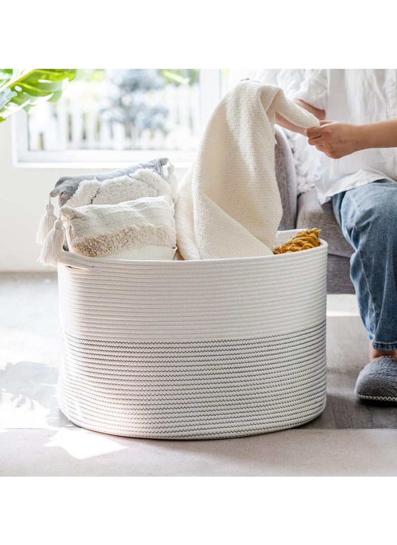 Extra Large Decorative Woven Cotton Rope Basket, Laundry Basket, Blanket Basket, Baby and Dog Toy Storage Baskets Bin, Kid Laundry Hamper, Towel Basket, Light Brown (55cm*35cm Gray+White)