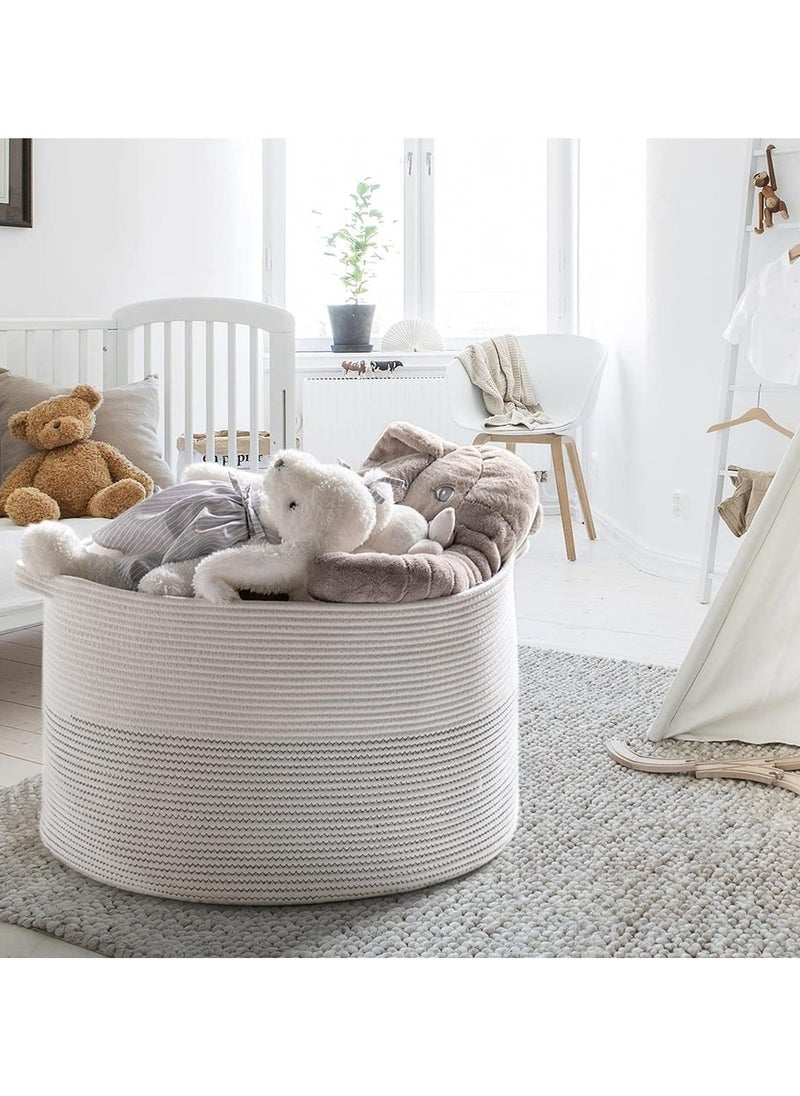 Extra Large Decorative Woven Cotton Rope Basket, Laundry Basket, Blanket Basket, Baby and Dog Toy Storage Baskets Bin, Kid Laundry Hamper, Towel Basket, Light Brown (55cm*35cm Gray+White)