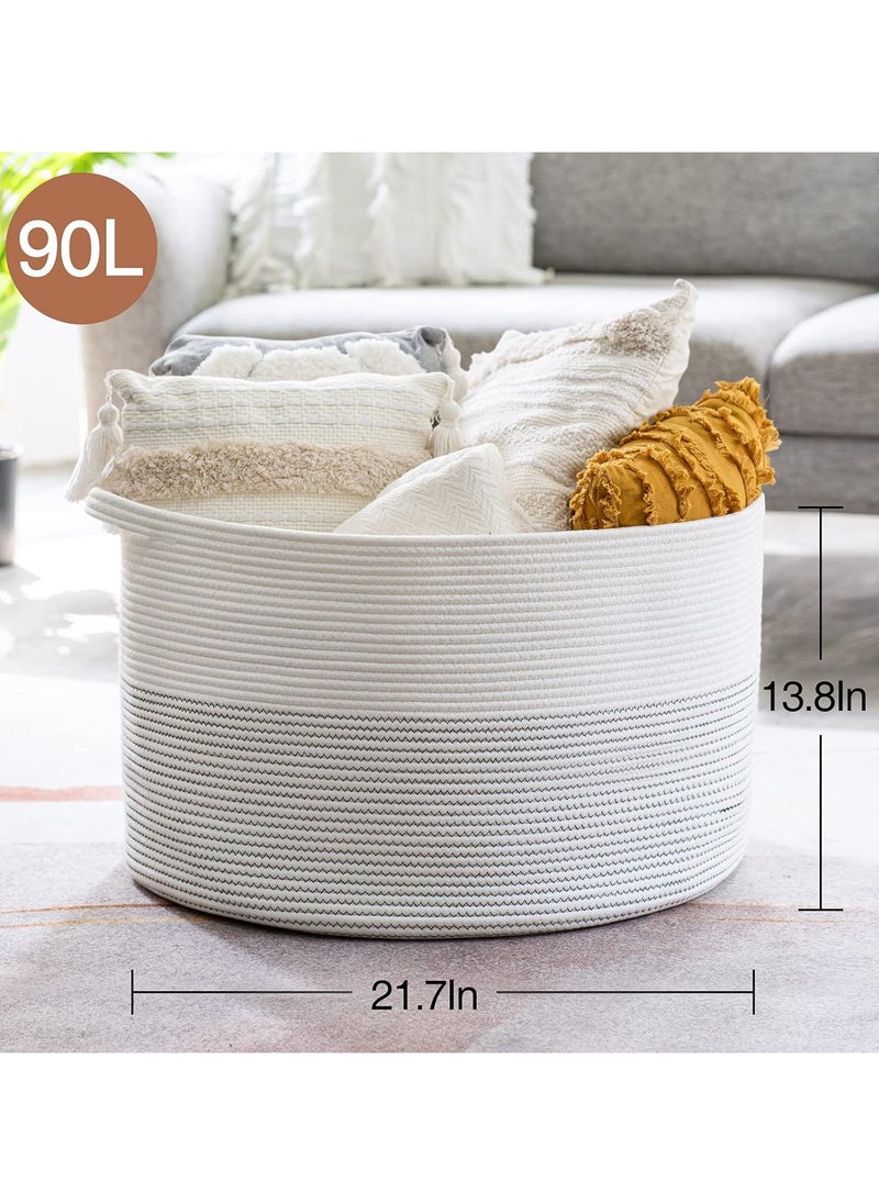 Extra Large Decorative Woven Cotton Rope Basket, Laundry Basket, Blanket Basket, Baby and Dog Toy Storage Baskets Bin, Kid Laundry Hamper, Towel Basket, Light Brown (55cm*35cm Gray+White)