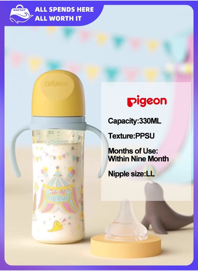 Wide-mouthed baby bottle made of PPSU material with painted patterns and double handles